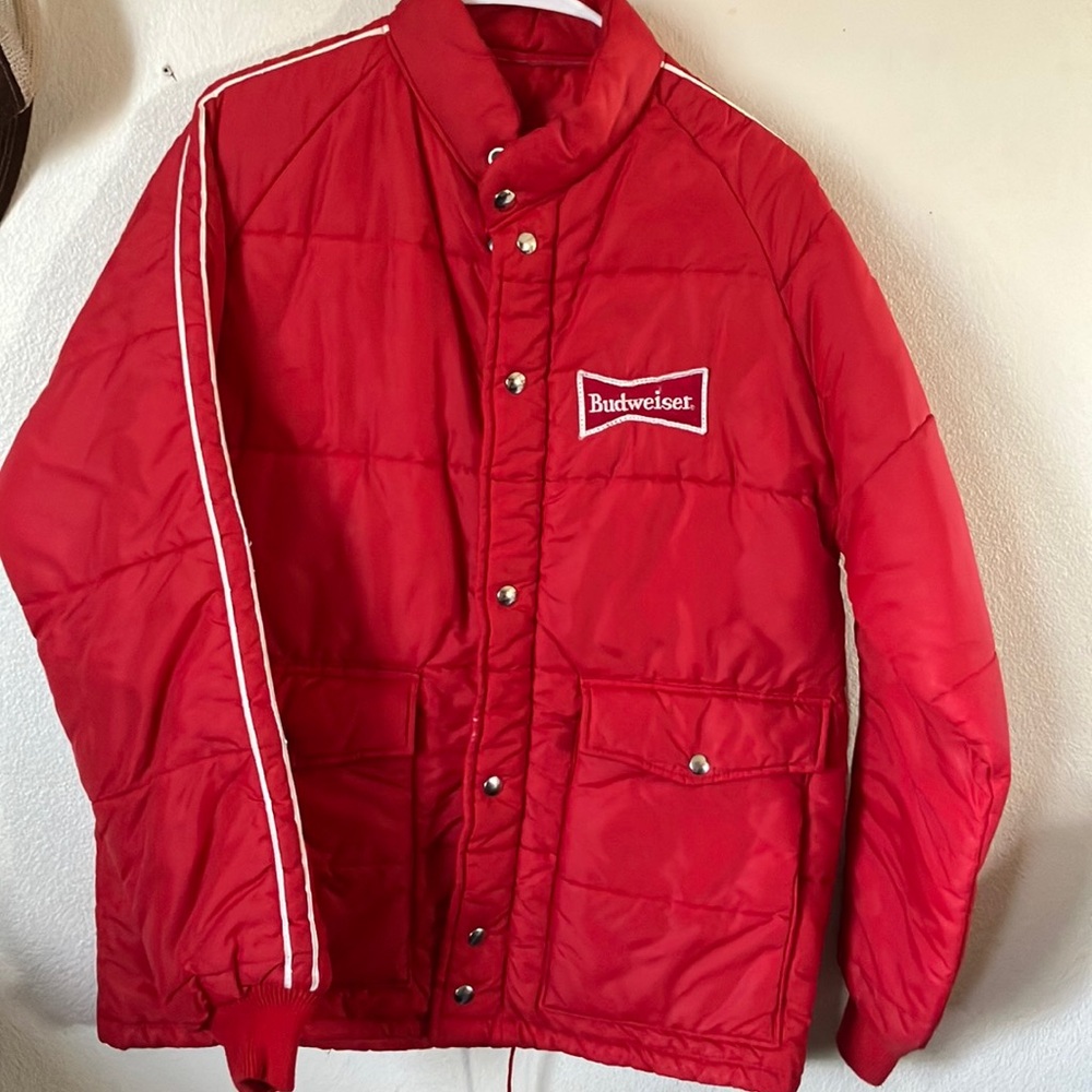 Vintage Budweiser Red Puffer Jacket with‎ Stand-Up Collar